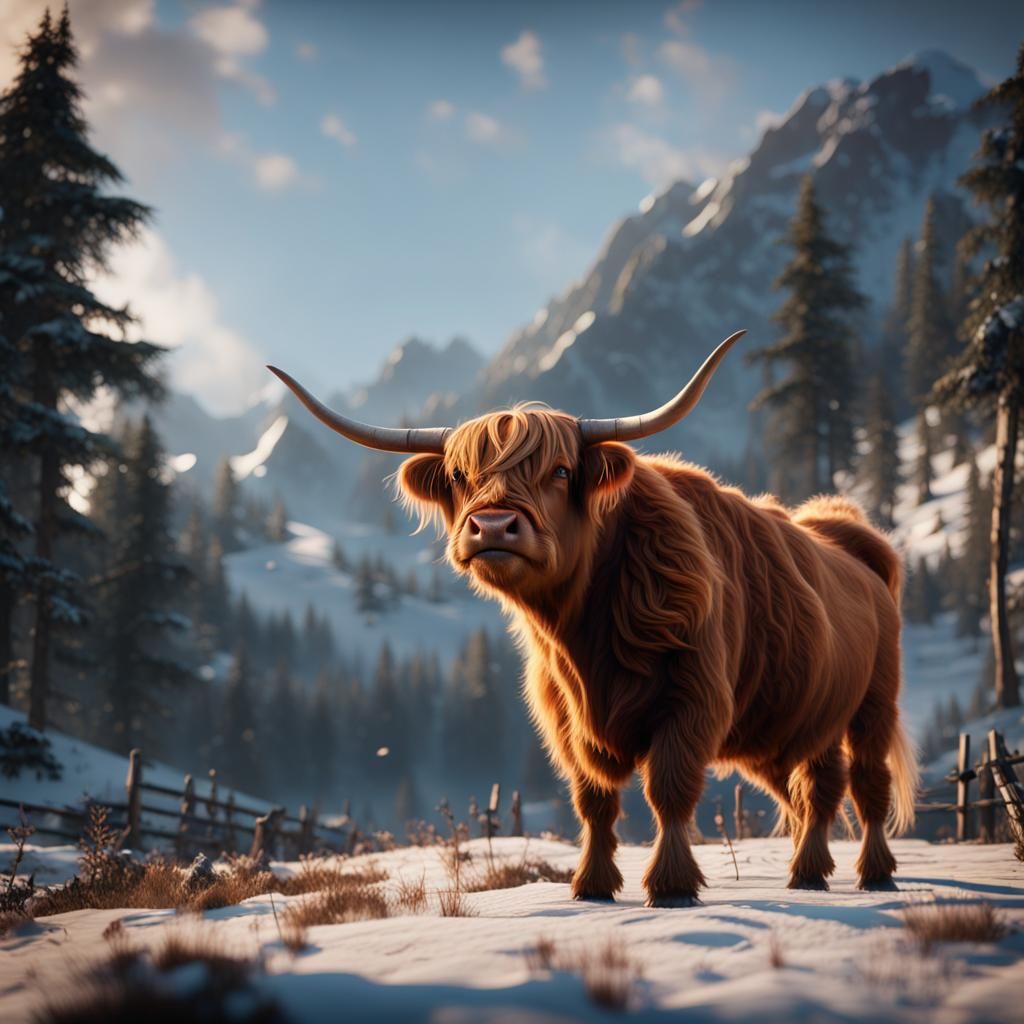 Highland Cow in 3D Game Cinematic Style