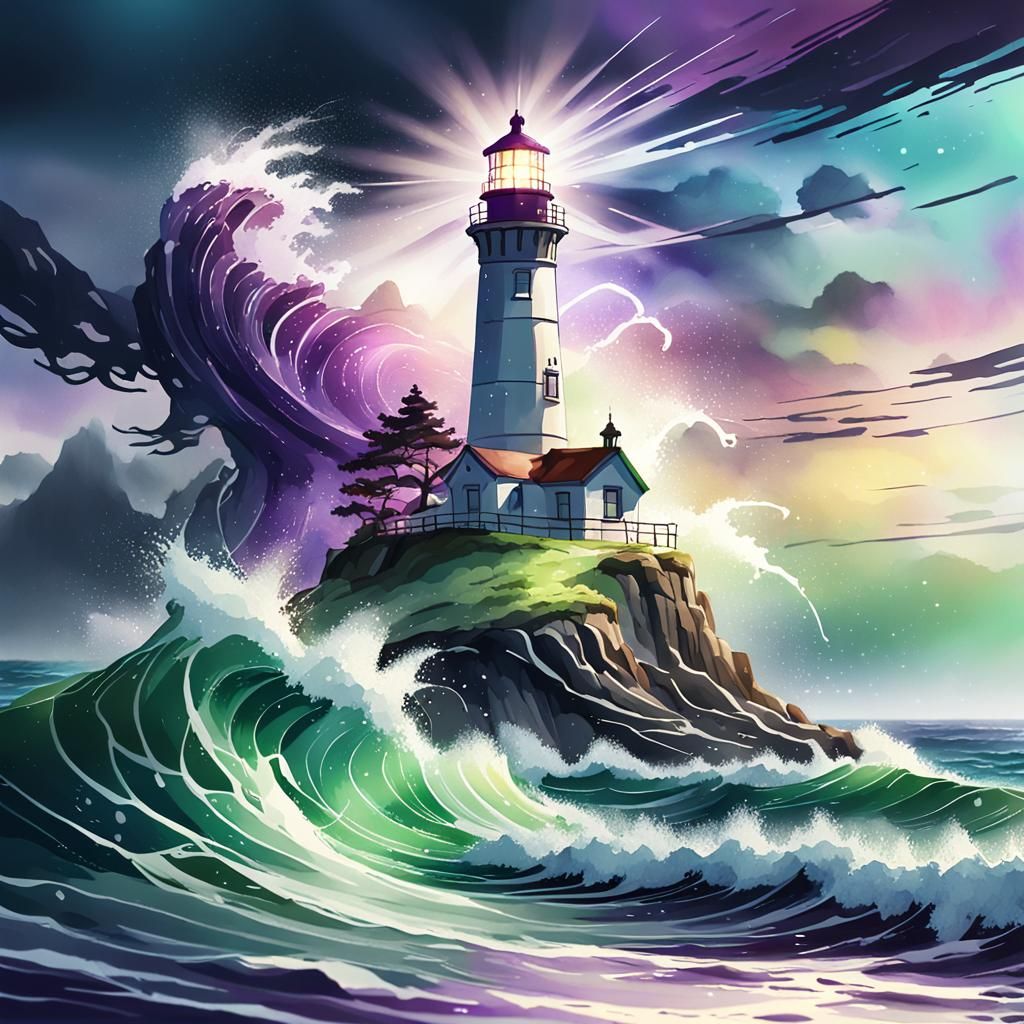Lighthouse on Stormy Isle: Anime Watercolor Painting