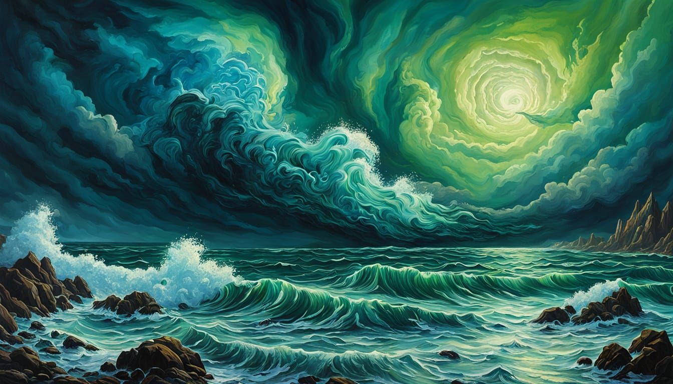 Elemental Tempest: Surreal Sea and Sky Oil Painting