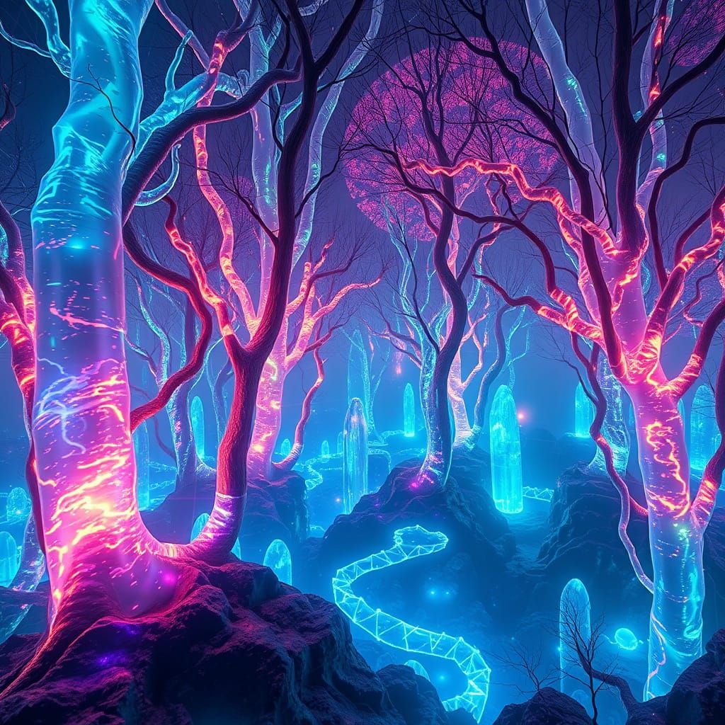 Bioluminescent Glass Forest with Neural Pathways and Synesth...