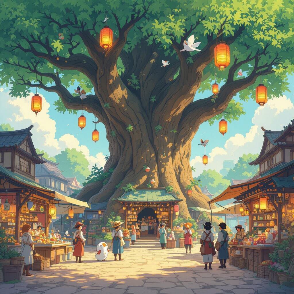 Anime Marketplace on Ancient Tree with Winged Creatures