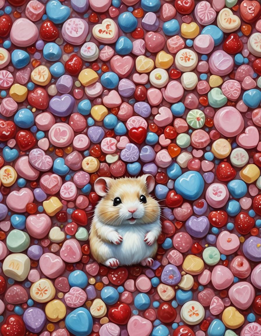 Gummy Hamster in Valentine Candyland: Oil Painting