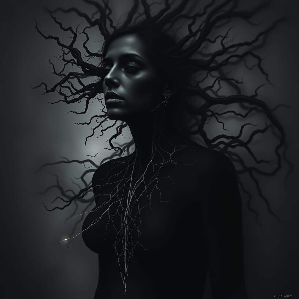 Surrealist Woman Disappears into Dark Eerie Landscape