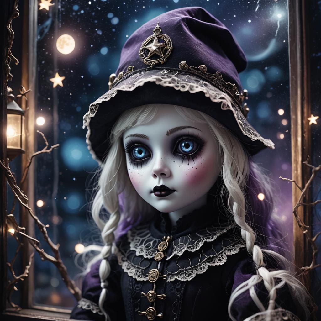 Spooky Doll Gazing at Moon: Dark Fantasy Illustration