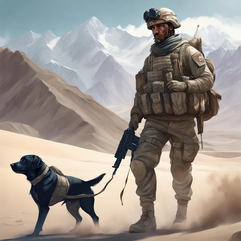 Soldier and Dog in Cold Desert, Hyperdetailed Portrait