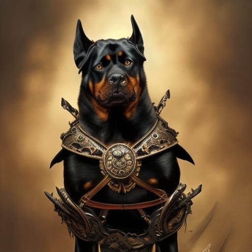 Rottweiler Warrior Dog in Ornate Dark Fantasy Style
