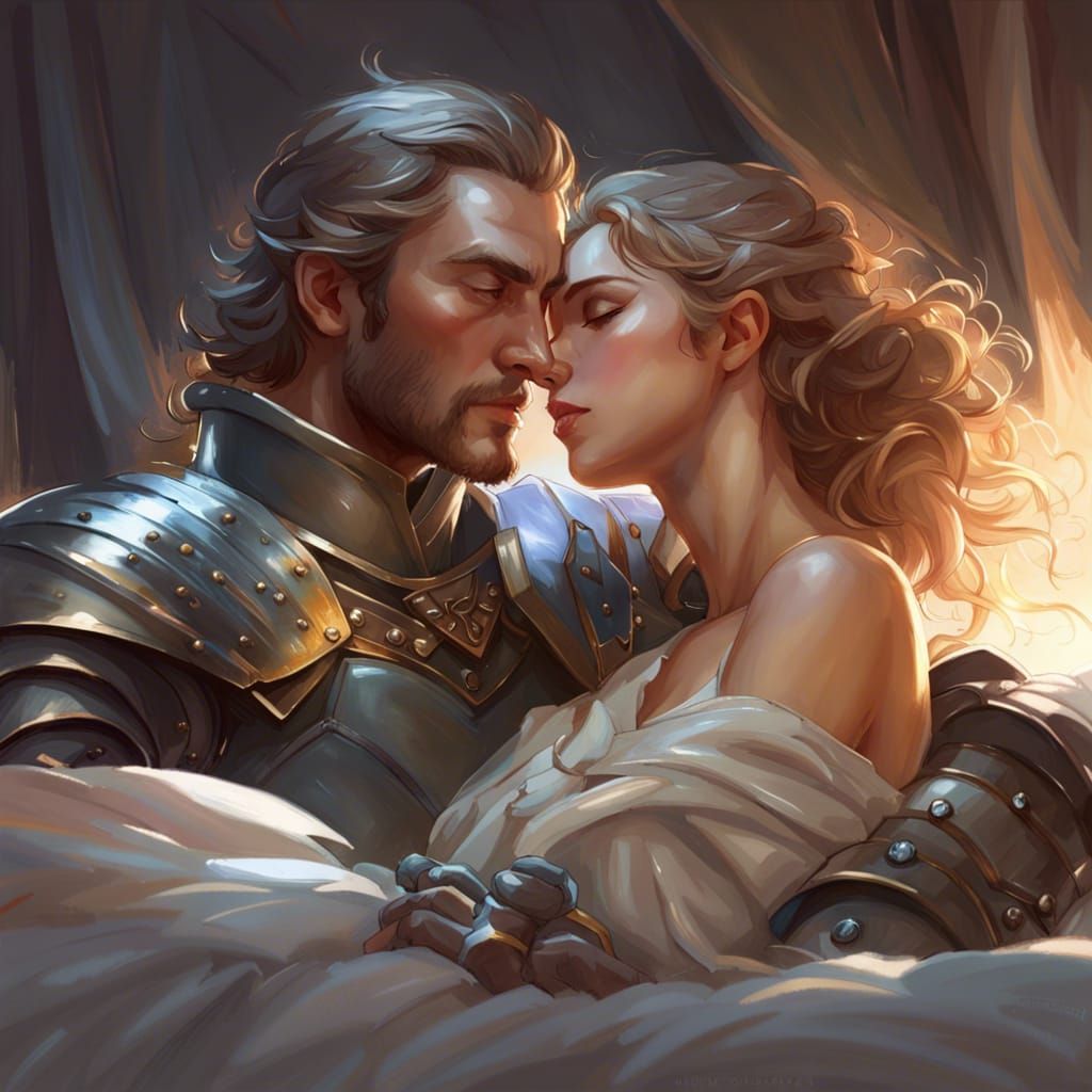 Knight and Queen Embrace: Detailed Art Portrait