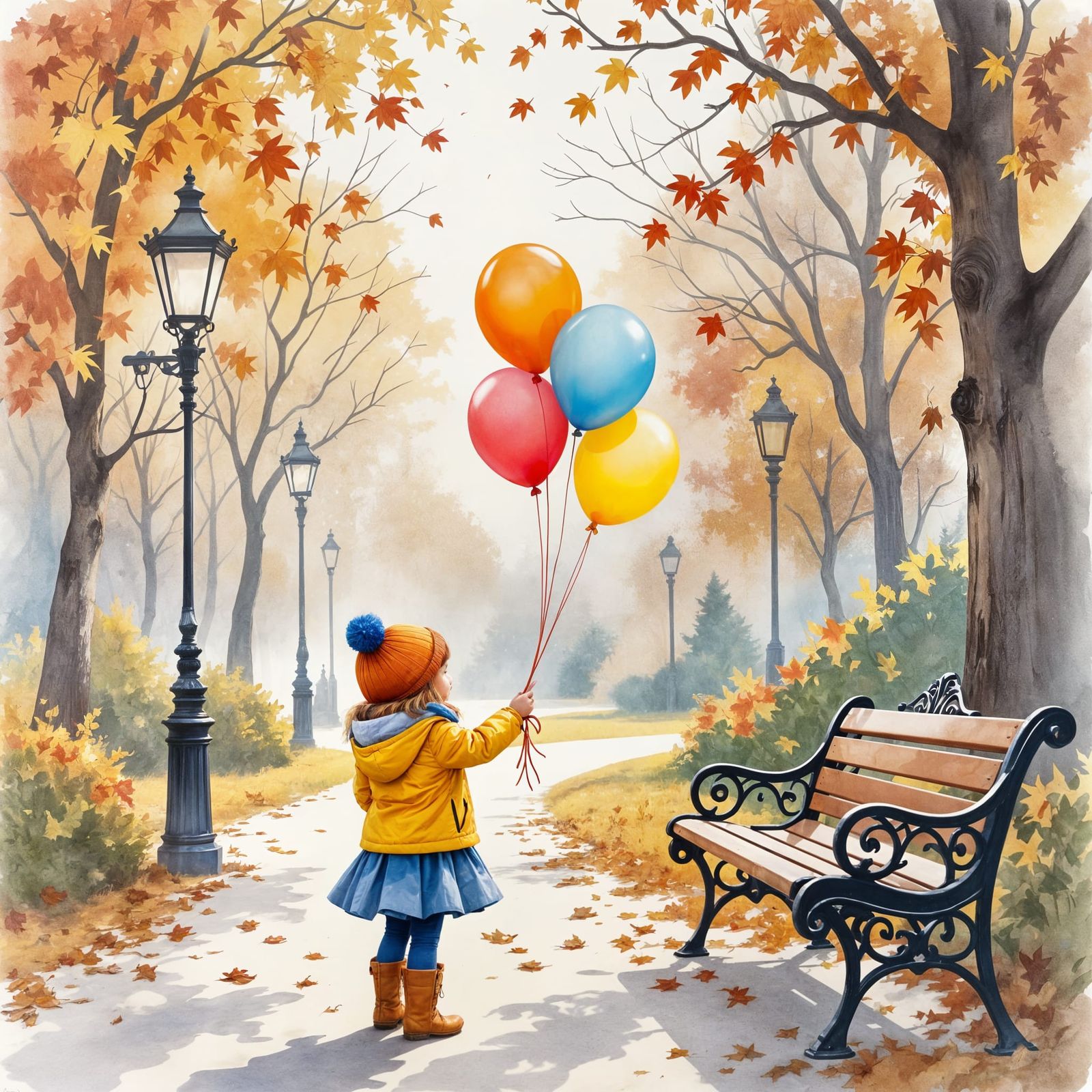 Child with Balloons in Autumn Park, Watercolor Painting