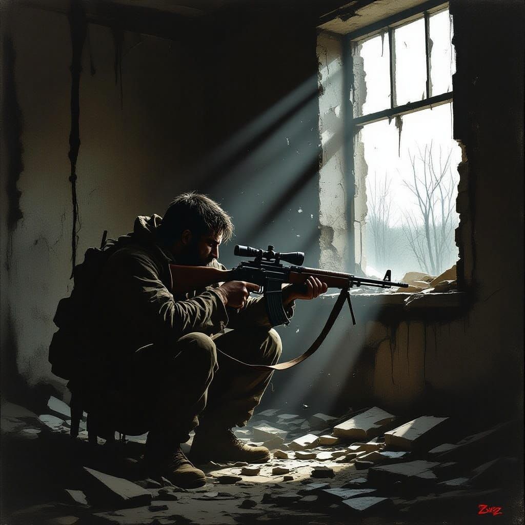 DayZ Survivor with Rifle in Gritty Oil Painting Style