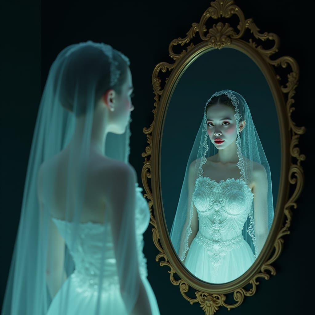 Bioluminescent Ghost Gazing at Snow White Reflection