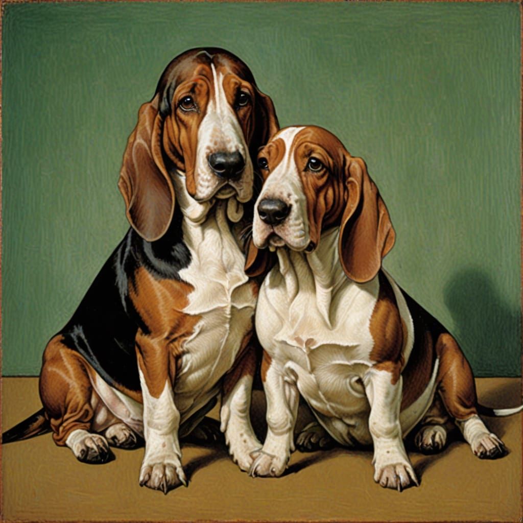Basset Hound and Mini Pig in Holbein and Malevich Style