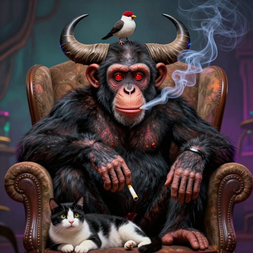 Chimpanzee with Buffalo Horns and Bird, Smoking Joint