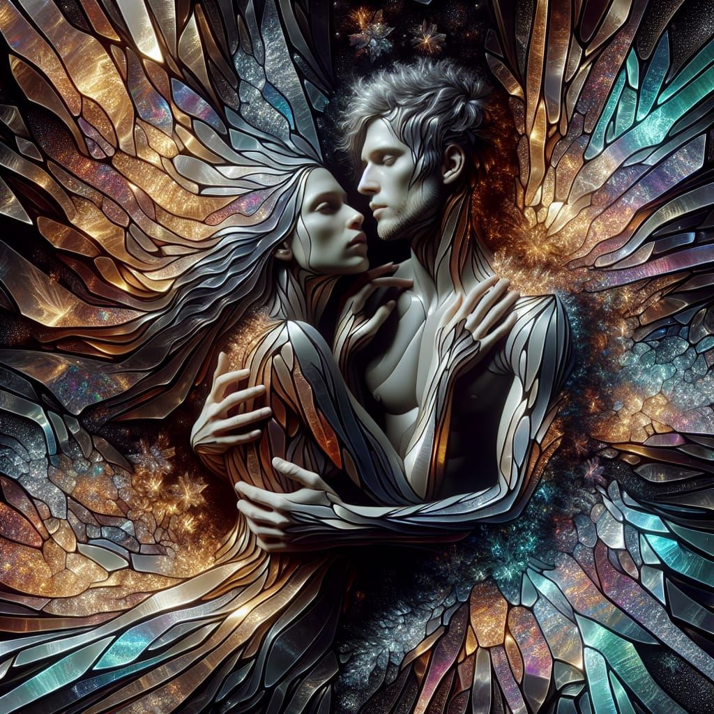 Bioluminescent Shards: Romantic Embrace in Digital Art