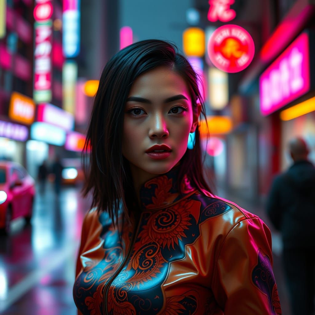 Elegant Taiwanese Woman in Futuristic Cityscape