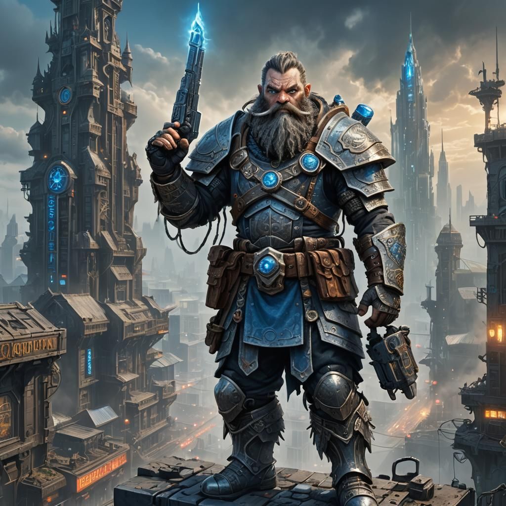 Cyberpunk Dwarf Warrior in Dystopian Cityscape