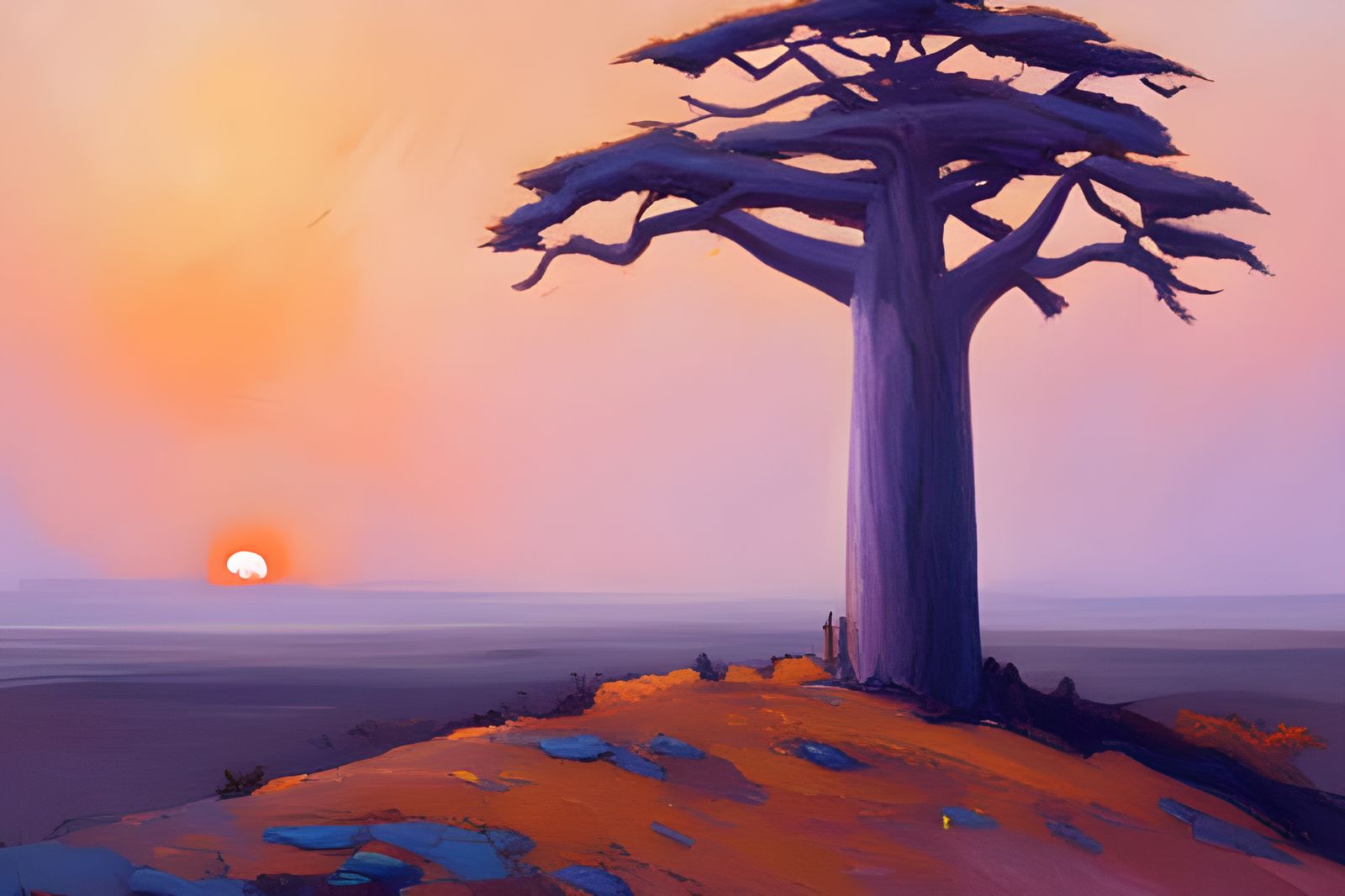 African Baobab Sunset: Oil Painting in Pierneef Style