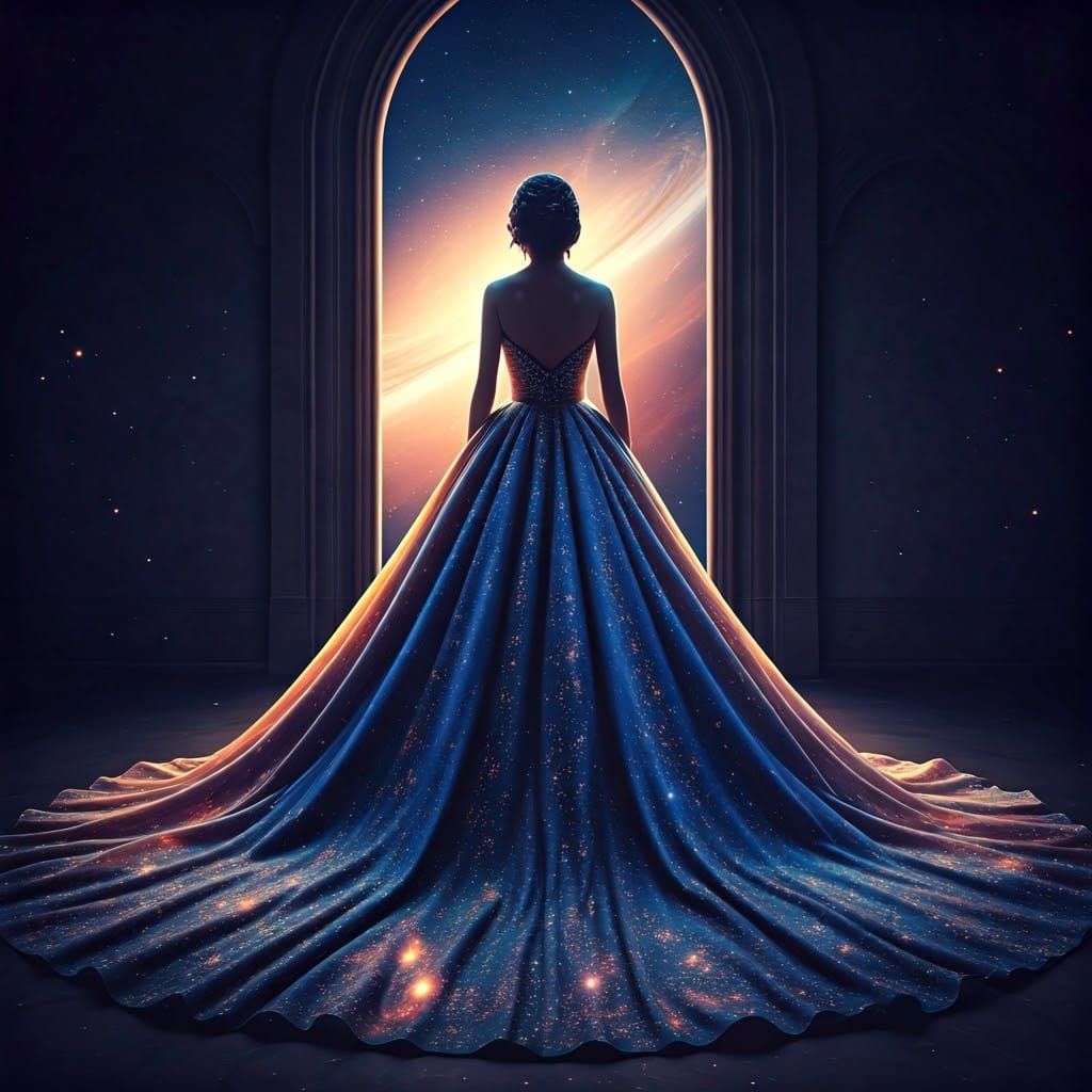 Woman in Galaxy Dress in Celestial Kingdom