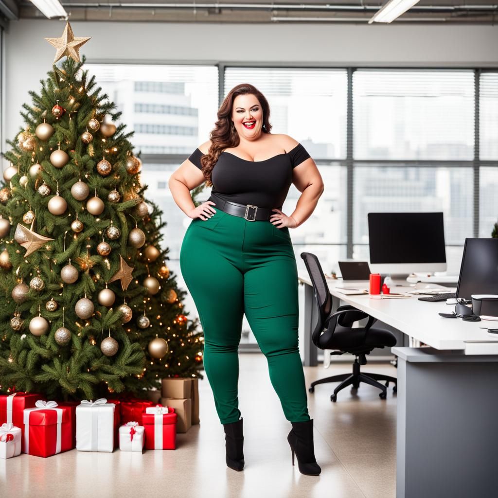 Curvy Woman with Flaming Pitchfork in Office