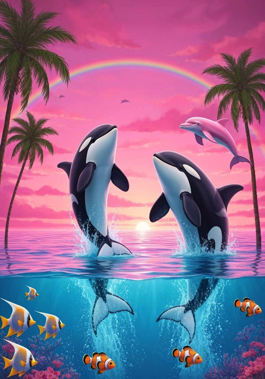 Orcas Smiling at Sunset in Splash Art Style