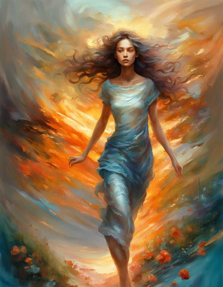 Woman Running Barefoot in Misty Meadow at Sunrise Oil Painti...