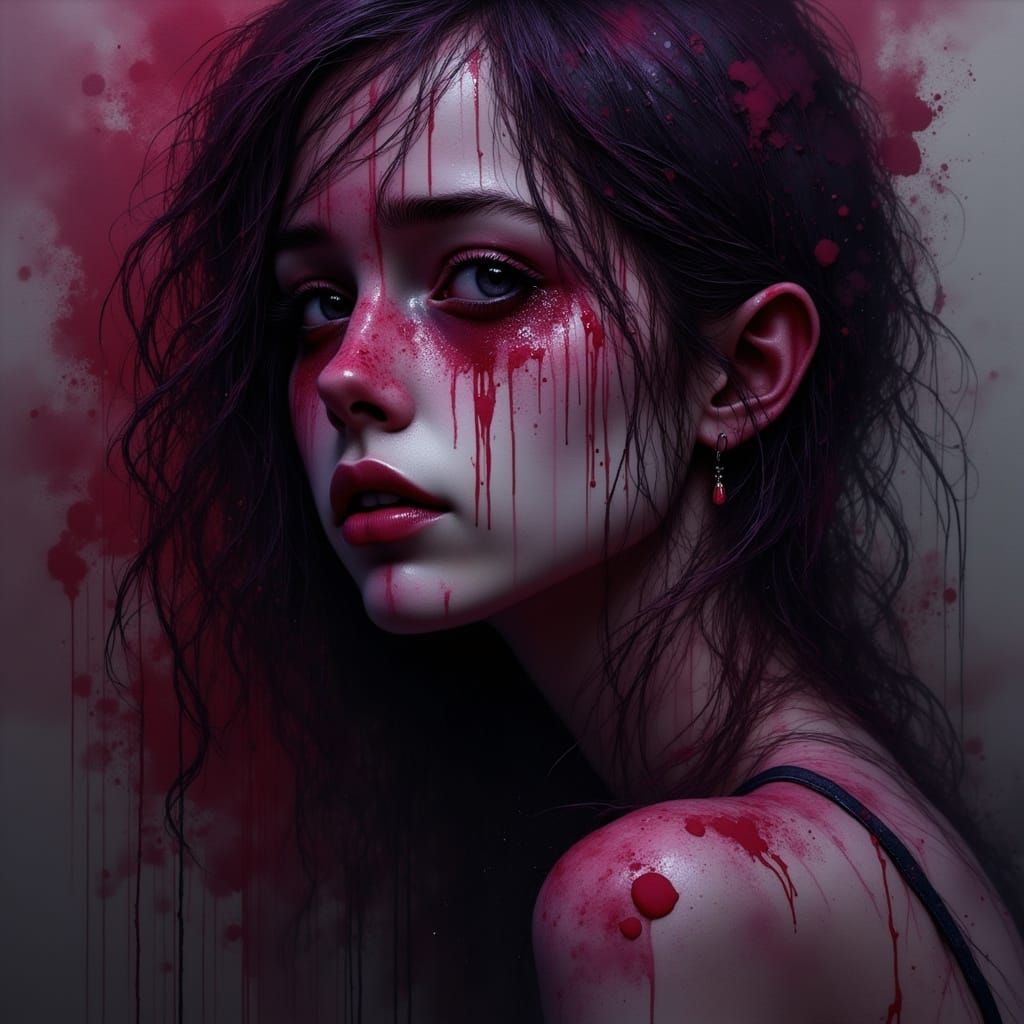 Melancholic Portrait of a Crying Girl, Ink Poet Style