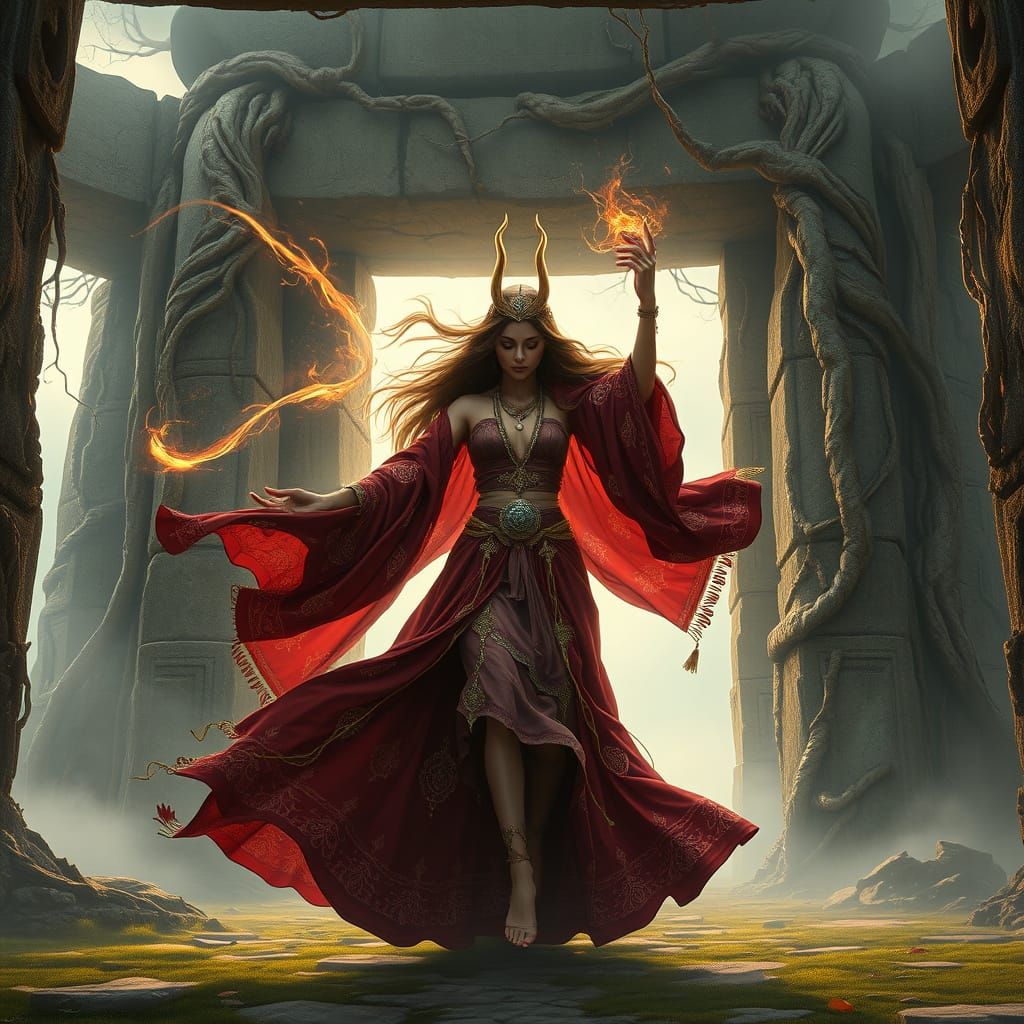 Surreal Megalithic Goddess Dances Amidst Ancient, Mystical E...