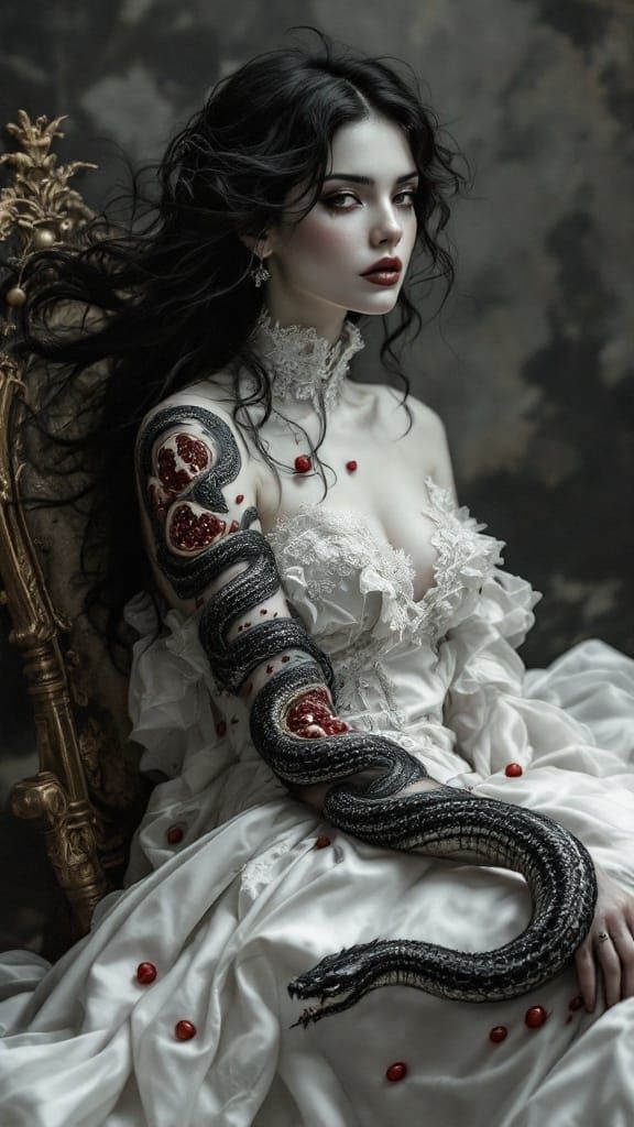 Woman with Snake and Pomegranate Tattoo Sleeve