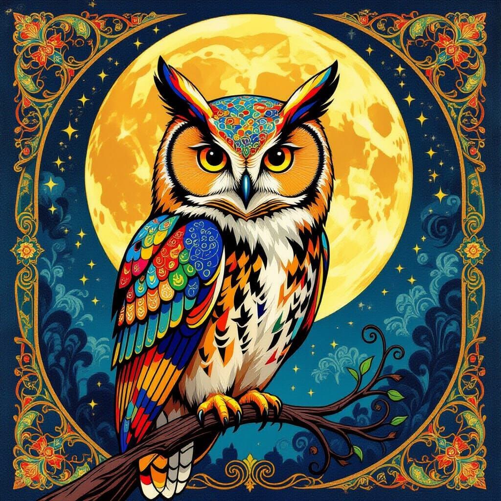 Vibrant Owl Under Full Moon in Art Nouveau Style