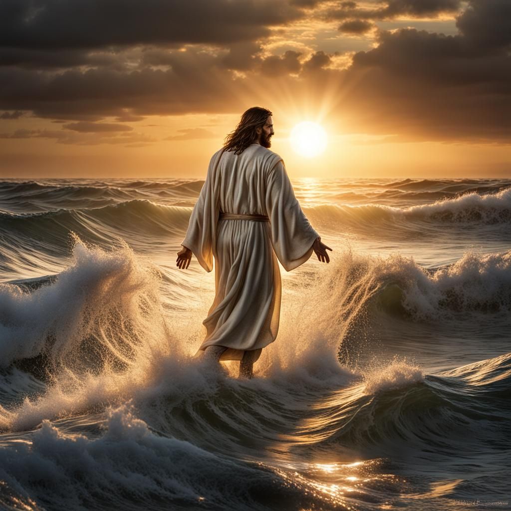 Jesus Walks on Water: Hyperrealistic Sunset Scene
