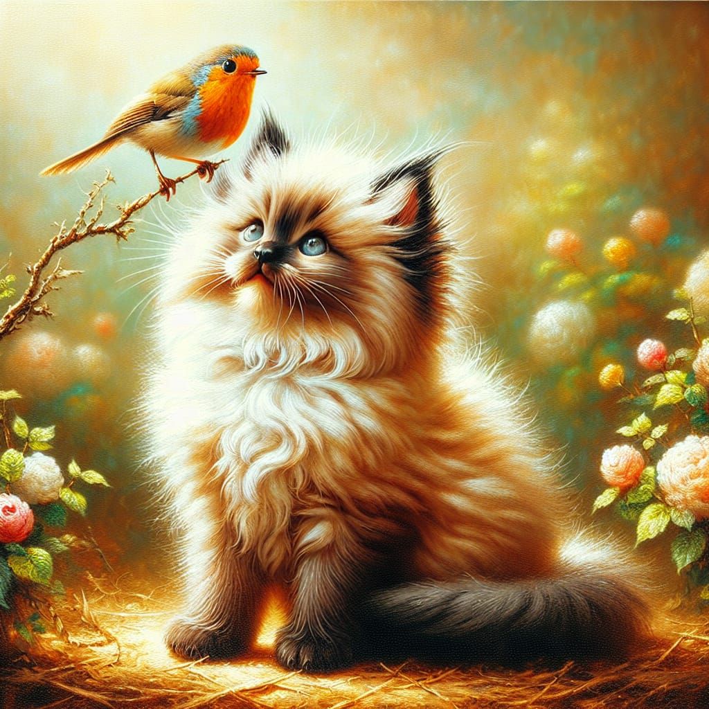 Siamese Kitten and Robin in Garden Oil Painting