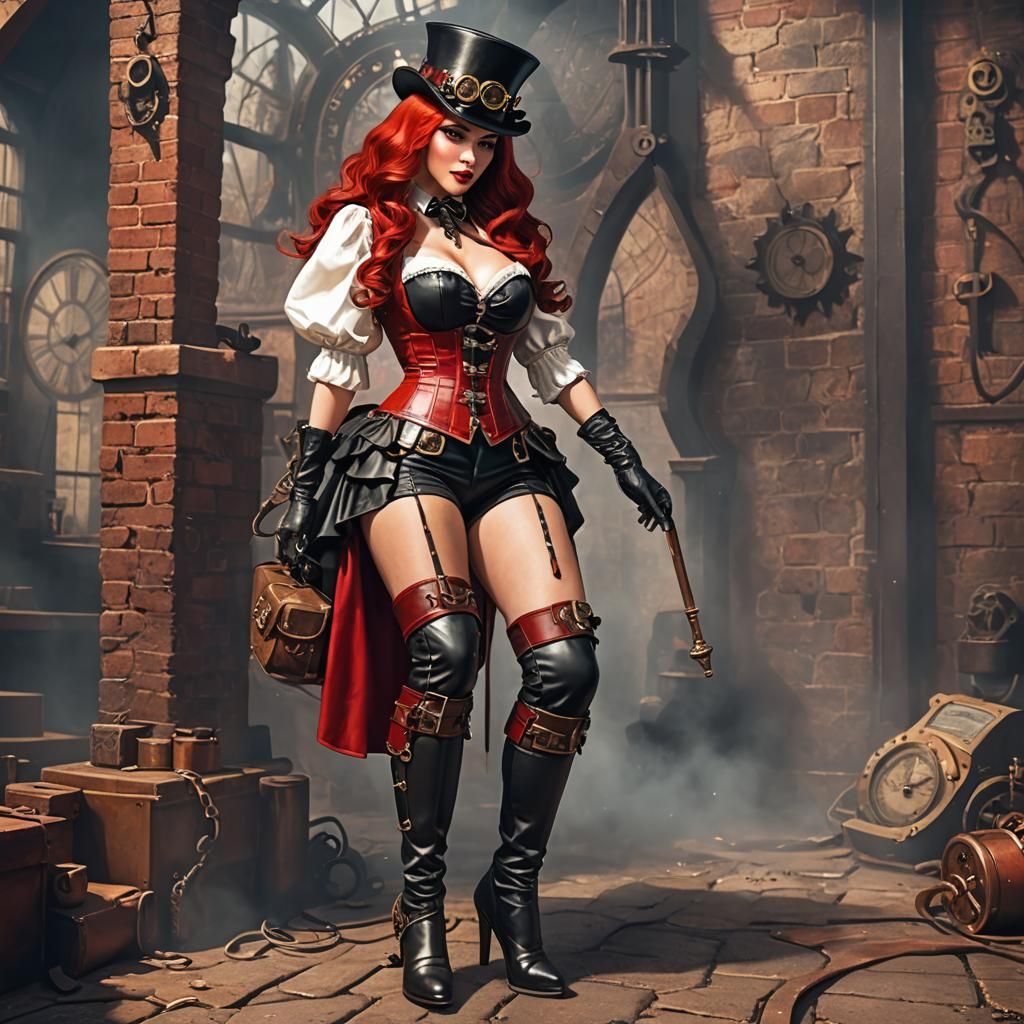 Steampunk Redhead Pin-Up with Corset and Stockings