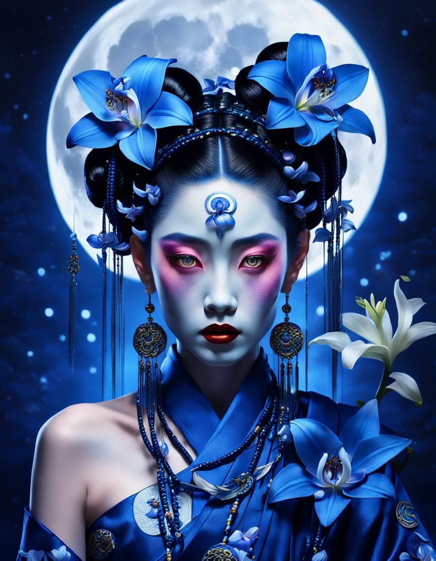 Blue Space Geisha with Moon Beads and Orchids