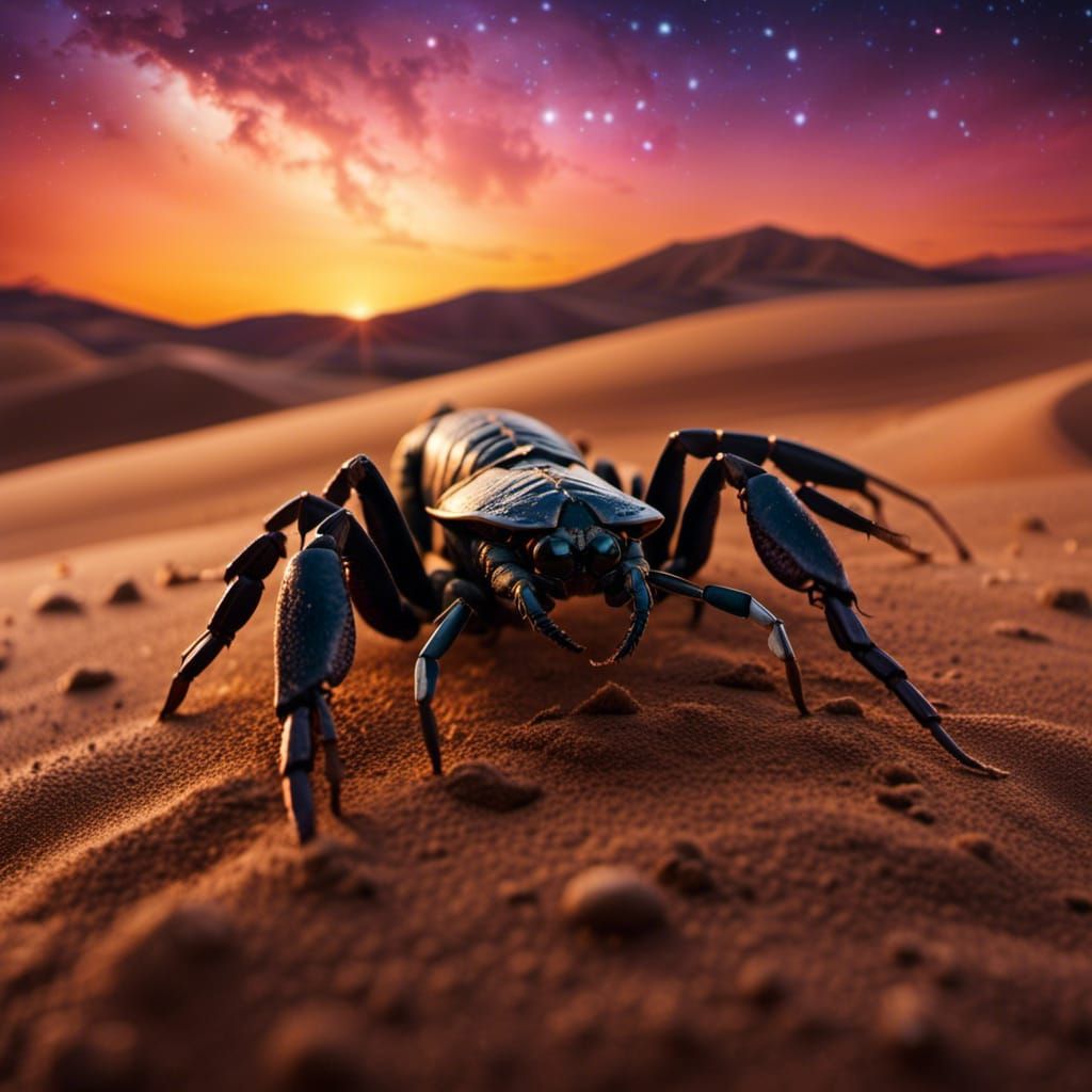 Scorpion in Desert Sunset with Starscape