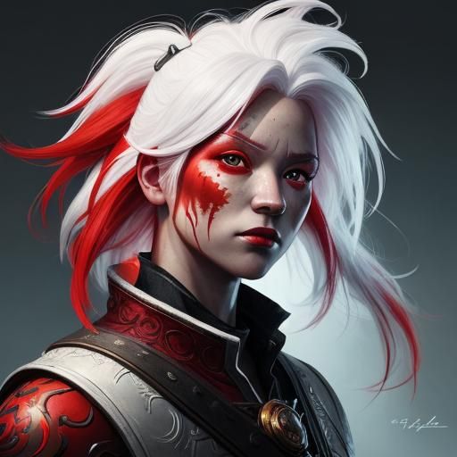 Red-Skinned Woman with White Hair: Splash Art Portrait