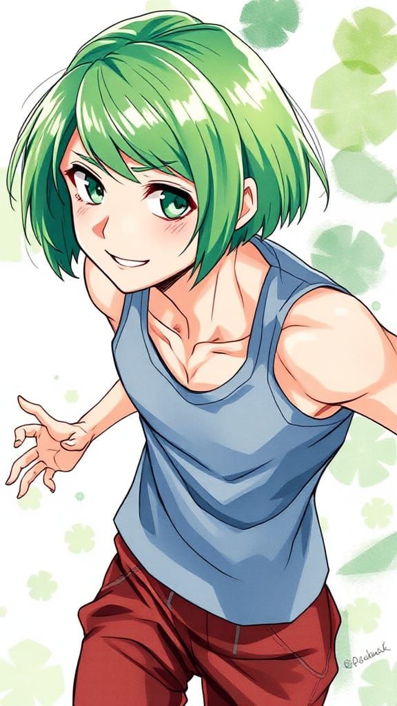 Anime Boy with Green Hair in Manga Style