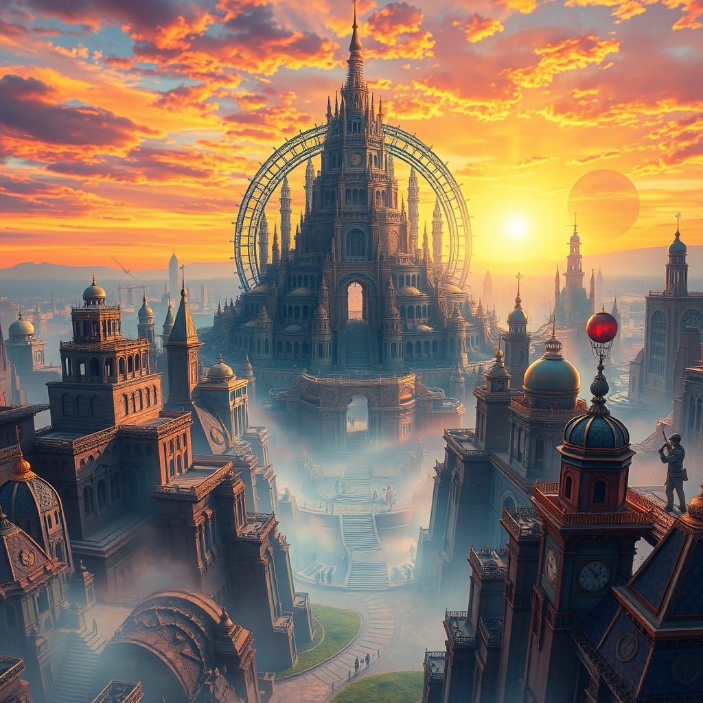 Surreal Futuristic Metropolis in Hyper-Realistic Sunset