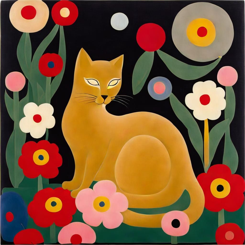 Abstract Cat Surrounded by Flowers and Hearts