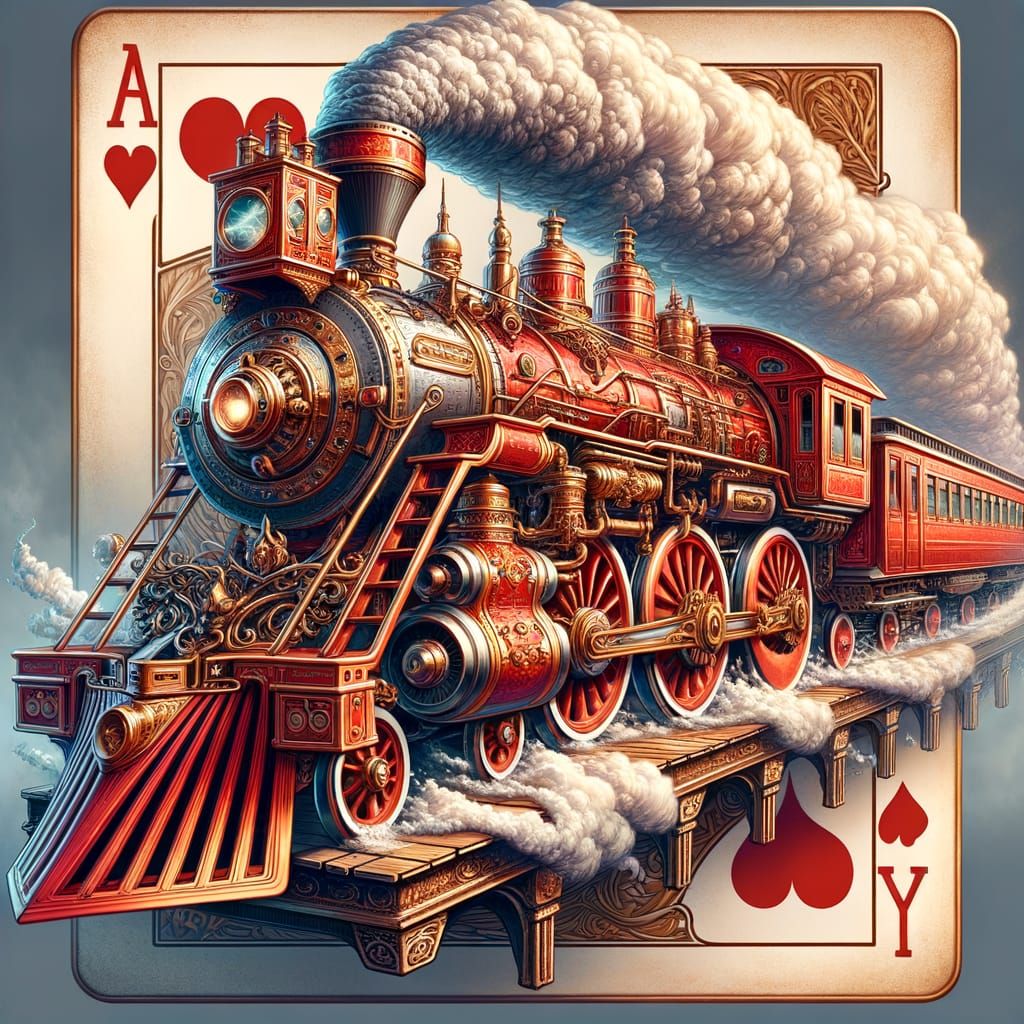 Red Steam Train Emerges from Playing Card