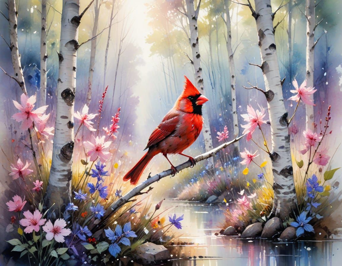 Crimson Cardinal in Sun-Dappled Birch Forest