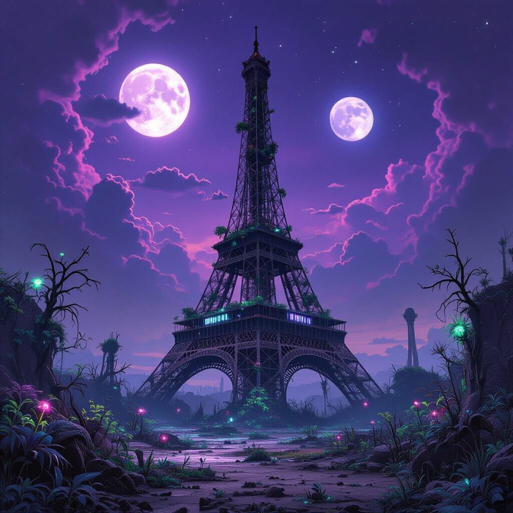 Alien Planet Eiffel Tower Overgrown in Cosmic Purple Sky