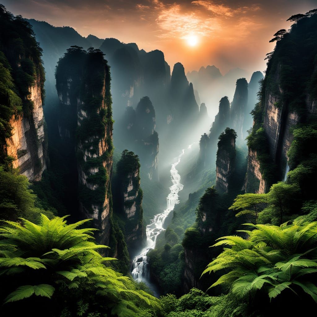 Clouded Leopard in Zhangjiajie Landscape at Sunrise