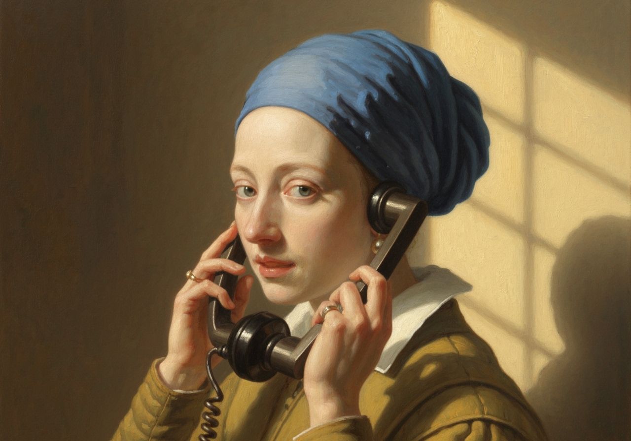 Woman in 17th Century Attire with Vintage Phone