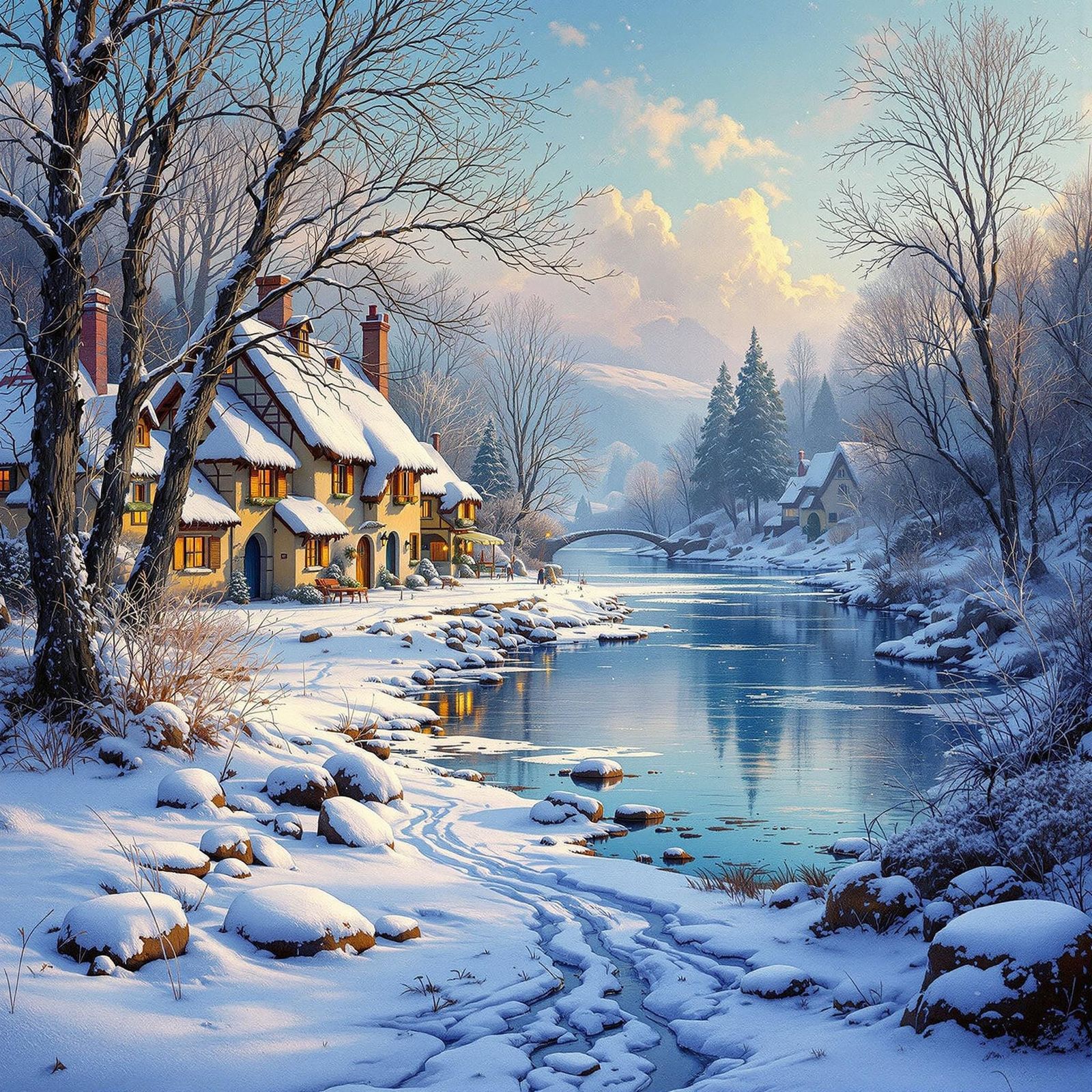 Surreal Winter Village in Lavender Hues and Golden Light