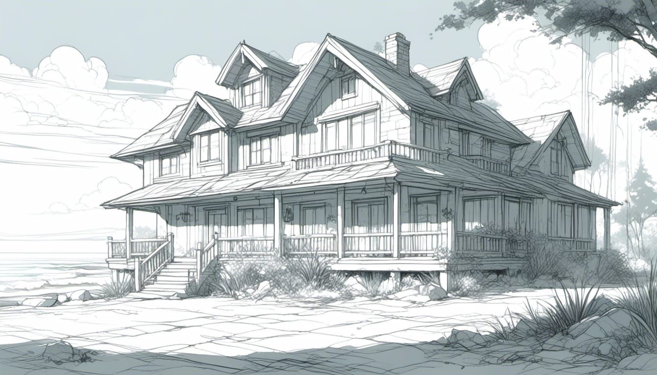 Disney-Style Watercolor Sketch of Modern Beach House