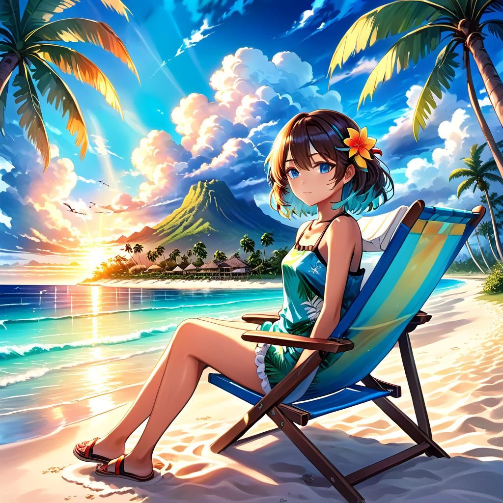 Tropical Paradise: Anime Woman on Beach at Sunset
