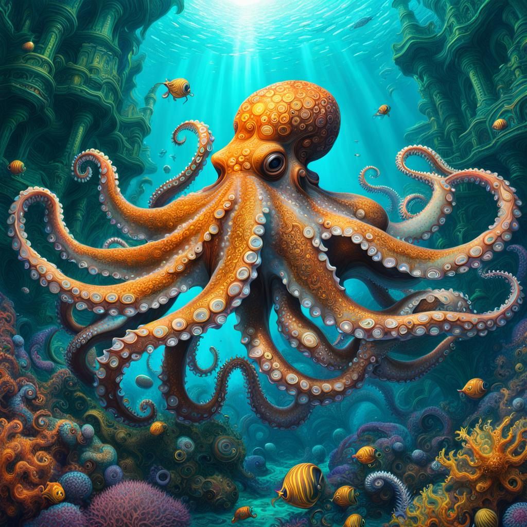 Underwater Octopus in Synth-Wave Steampunk Style