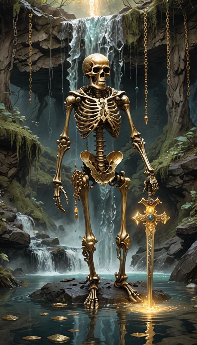 Skeleton Warrior Guarding Waterfall Dungeon Entrance