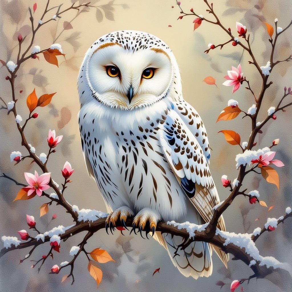 Pascal Blanche, Watercolor vintage style cute dark Snowy Owl...