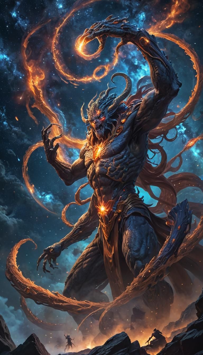 Gods Imprisoning Zhal'gorath Amidst Swirling Galaxies