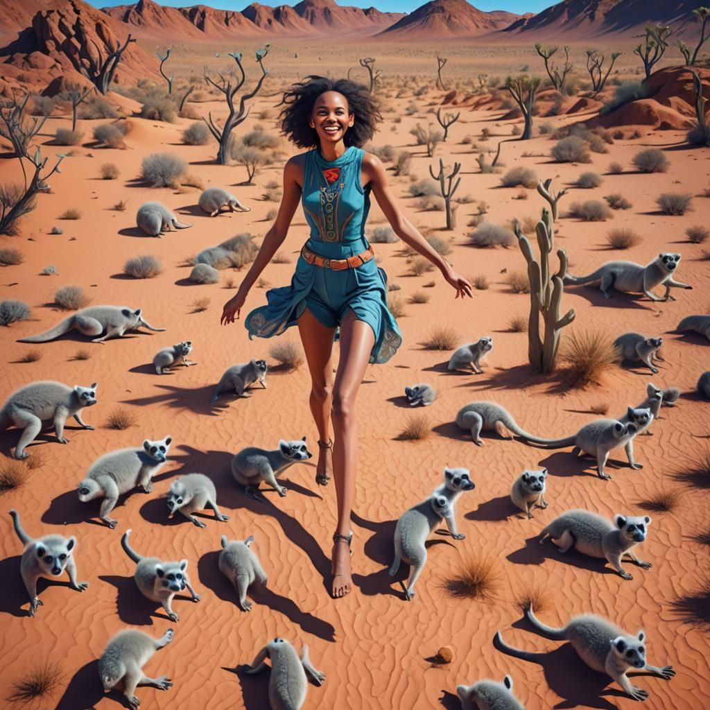 Surreal Desert Landscape with Smiling Woman and Flying Lemur...